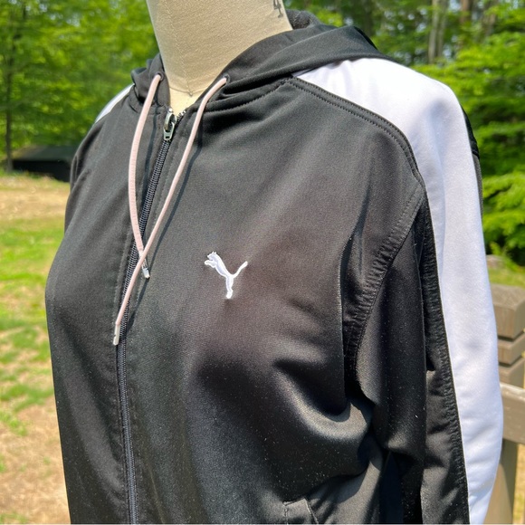 Puma Full Zip Hooded Track Jacket Polyester Black White Stripe Classic Medium - Picture 2 of 8